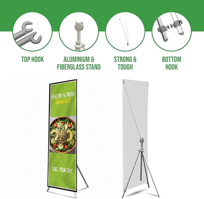 Custom X-Stand Banner with Adjustable Tripod (30”x65”) by BCB Print | Personalized Cross Stand Banner for Advertising & Trade Shows | HD Print Vertical Stand | Express Dispatch+Ship/Made in USA