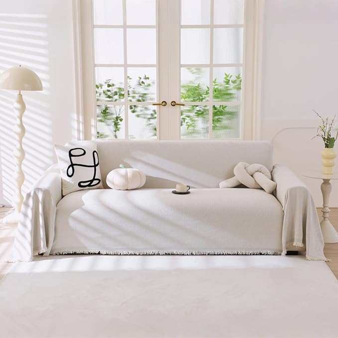Couch Cover for Dogs, Non Slip Sofa Cover, Washable Couch Covers, 2 Cushion Sofa for Dogs Furniture Protector with Tassels Chenille Sofa Covers for Pets (Tassel Beige, 71" x 102")