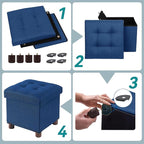 BRIAN & DANY Small Ottoman with Storage, Small Storage Ottoman, Folding Foot Stool with Wood Legs for Living Room and Bedroom Linen Rest Seat, 12.6"x12.6"x12.8" - Blue