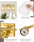 3-Light Brushed Gold Bathroom Light Fixtures, 21 Inch Modern Bathroom Vanity Lighting Fixtures Over Mirror with Clear Glass and Metal Cage Wall Sconce Lights for Bath, E26, OS-3014BG-3W