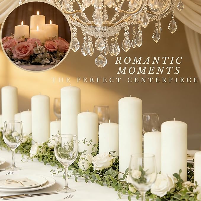 12 Pcs White Pillar Candles Bulk Set, 3 Different Lengths 3 x 3/6/8 Inch (4 Each), Dripless Unscented Smokeless,Hurricane Candles,Gives You a Better Atmosphere When Organizing an Event Party.
