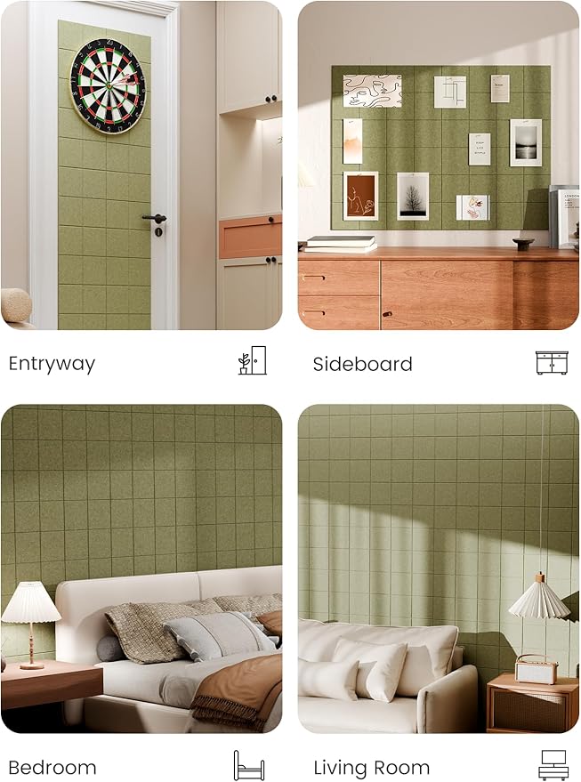 Bumusty Large Felt Bulletin Board, 48" x 36" Cork Board Alternative, 12-Pack Wall Tiles with 4-Compartment Design, 30 Push Pins, 70 Adhesive Tabs, Ideal for Office & Home Decor, Olive Green