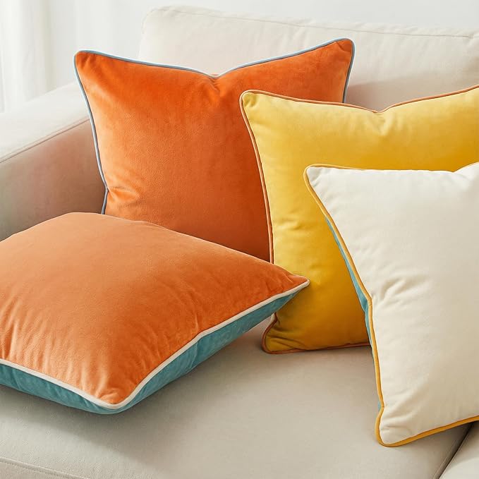 Mecatny Set of 4 Velvet Throw Pillow Covers 20x20, Soft Colorful Accent Decorative Couch Pillow Covers for Sofa Living Room, Orange/Yellow