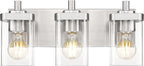 Bathroom Light Fixtures, 3-Light Vanity Light with Square Clear Glass Shade, Brushed Nickel Modern Wall Sconces, Vanity Lighting Fixtures Over Mirror, VL194-BN-3