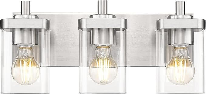 Bathroom Light Fixtures, 3-Light Vanity Light with Square Clear Glass Shade, Brushed Nickel Modern Wall Sconces, Vanity Lighting Fixtures Over Mirror, VL194-BN-3