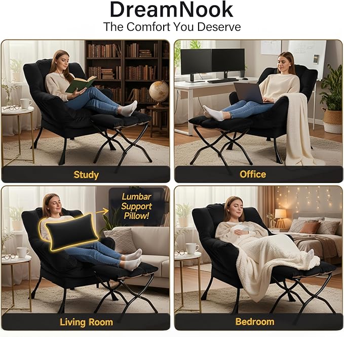 Lazy Chair with Ottoman, Modern Accent Chair with Lumbar Pillow, Velvet Black Sofa, Lounge Chairs with Folding Footrest, Oversized Supportive Chairs for Bedroom, Reading