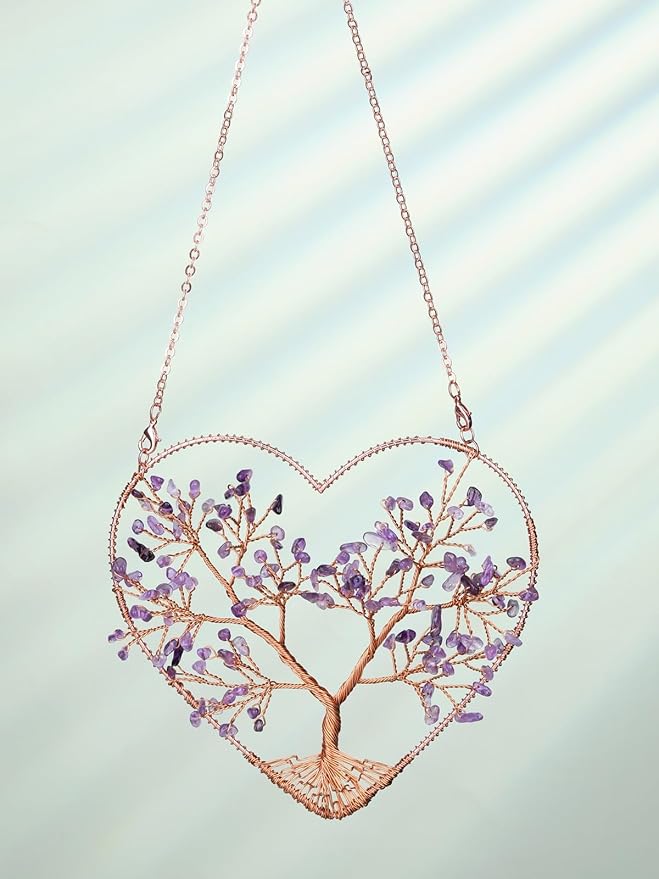 Jovivi Amethyst Heart Crystal Tree Hanging Ornament Healing Crystals Stones Gemstone Room Bedroom Wall Home Yoga Decor for Feng Shui Meditation Christmas Tree Ornament