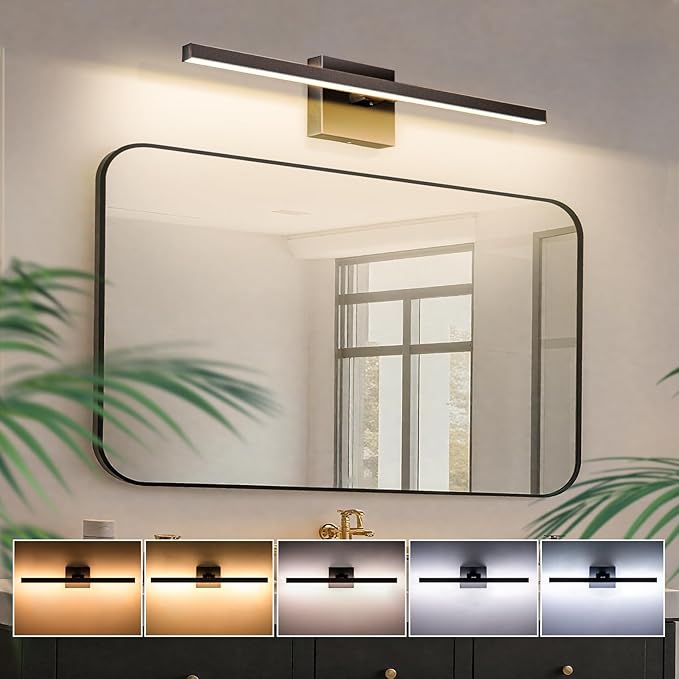 Bathroom Lighting Fixtures Over Mirror, 24 Inch 16W IP44 Black Modern Vanity Lights, 5CCT Adjustable (2700K–5000K), Dimmable LED Bathroom Lights, Dual-Sided, 180° Rotatable Angle, ETL