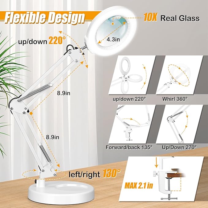 10XMagnifying Glass with Light and Stand (No Acrylic Lens), 2-in-1 Lighted Magnifier with Clamp, 5 Color Modes Dimmable LED Desk Lamp Hands Free for Painting Craft Sewing Hobby Close Work White