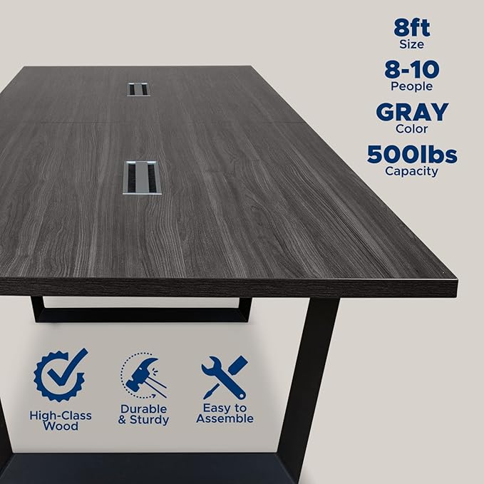Sturdy Conference Table with Cable Management Grommets Modern Rectangle Office Meeting Table with Wood Tabletop and Metal Frame & Legs- Easy Assembly Boardroom Table (Grey, 8 Foot)