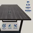Sturdy Conference Table with Cable Management Grommets Modern Rectangle Office Meeting Table with Wood Tabletop and Metal Frame & Legs- Easy Assembly Boardroom Table (Grey, 8 Foot)