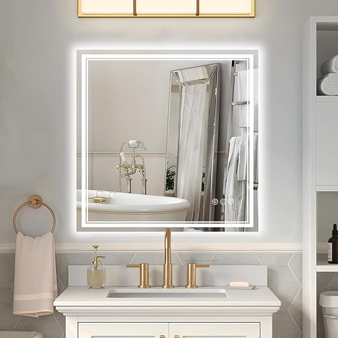 30x30 Inch Led Mirror for Bathroom with Front Light and Backlit, Bathroom Mirror with Led Lights, Vanity Mirror with Lights for Wall, Anti-Fog, Dimmable, Memory Function, Tempered Glass