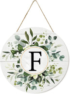 Smile Monogram Letter F Wreaths Wooden Welcome Sign, Family Last Name Initial Front Door Wall Decoration, Floral Spring Summer Porch Rustic Home Kitchen Decor
