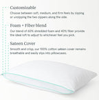 Tuft & Needle Zip Comfort Pillow – Queen Size – Adjustable Soft, Medium, or Firm Feel, Foam and Fiber Blend Fill with 100% Cotton Sateen Cover, Breathable & Supportive