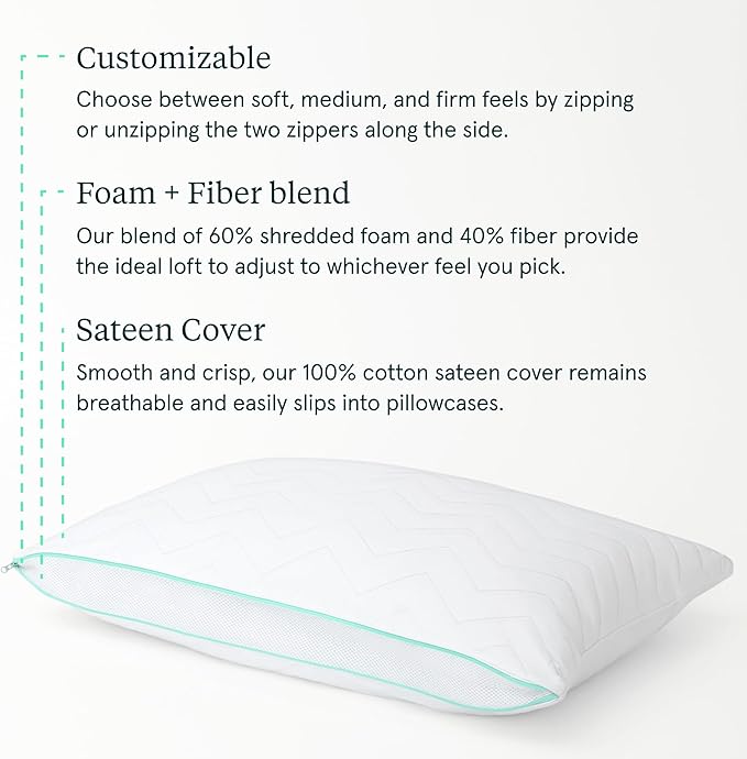 Tuft & Needle Zip Comfort Pillow – Queen Size – Adjustable Soft, Medium, or Firm Feel, Foam and Fiber Blend Fill with 100% Cotton Sateen Cover, Breathable & Supportive