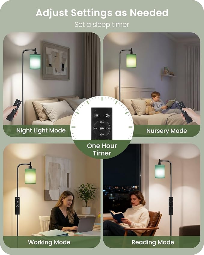 Dimmable Floor Lamp for Living Room with Remote and Foot Switch, Modern Standing, Corner Lamp,10W Bulb 3 Color Temperatures, for Bedroom, Office, Corner, ETL Listed, Black and Green J19LD05