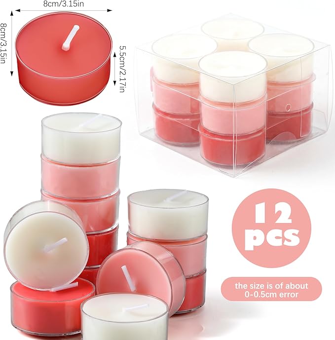 Honoson 12 Pack Valentine's Day Tea Lights Candles Tea Light Natural Wax Scented 6 Scents Conversation Candle for Spring Easter Wedding Engagement Gift Anniversary Summer Home Decor(White, Pink, Red)