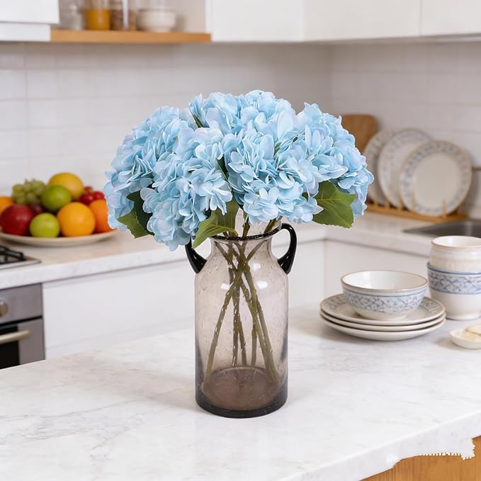 Kimura's Cabin 6pcs Blue Artificial Silk Flowers Fake Hydrangeas Flower with Stems Faux Hydrangea Bouquets for Home Wedding Party Table Core Decoration (Blue, Pack of 6)