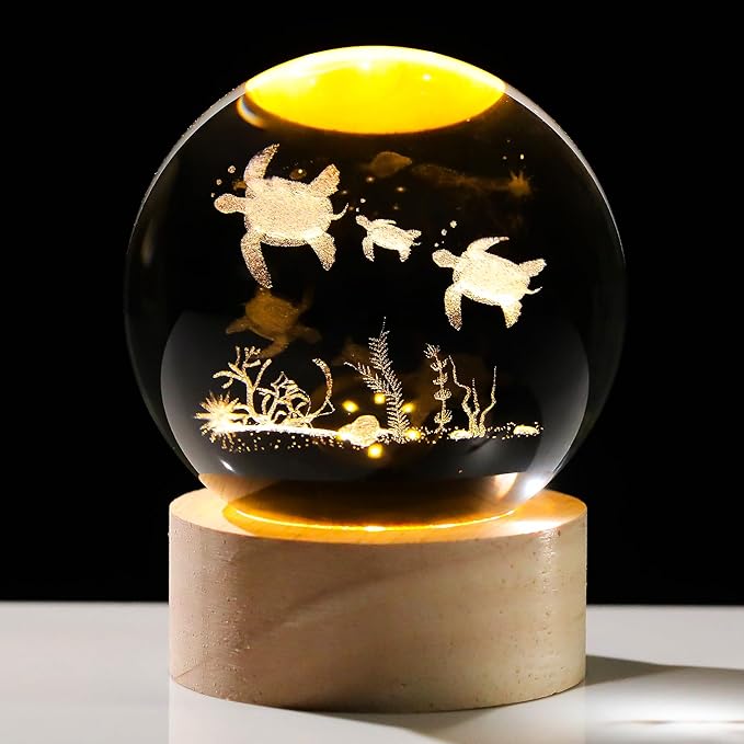 Sea Turtle Gifts for Women Men 3D Sea Turtles Crystal Ball with Wooden Light Base Glass Turtle Figurine Home Decor Gift for Mothers Valentine's Day Christmas Birthday (Diameter 2.36 inches)