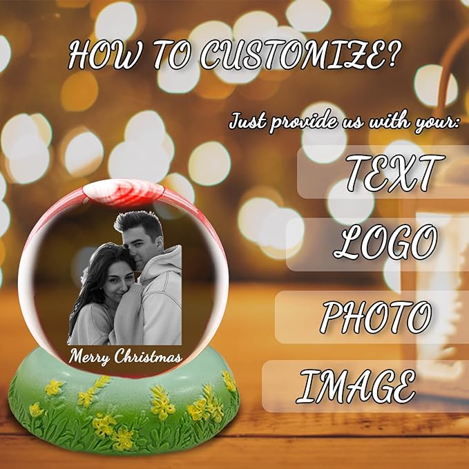 Personalized Christmas Crystal Ball with Light Customized Photo Snow Globe with Engraving Text Custom Ornaments Gifts for Family Couples Friends (Vanilla Pattern Base)