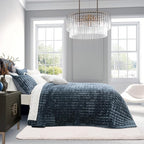 RECYCO Luxury Velvet Quilt Set Full Queen Size Bedding Sets, Ultra Soft Velvet Comforter Set, Lightweight Channel Box Stitch Oversized Bedspread Coverlet for All Season, with 2 Shams, Stormy Blue