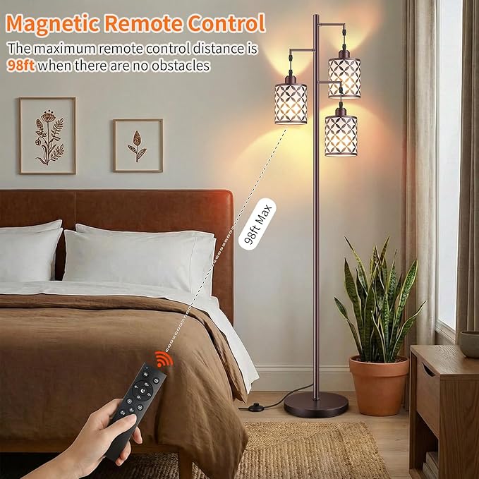 New Upgraded 72" Tall Dimmable Floor Lamp, 3 x 800LM 9W LED Bulbs Included, Farmhouse Standing Lamp with Remote Control, Industrial Tree Pole Floor Lamps for Living Room, Bedroom, Study Room - Brown