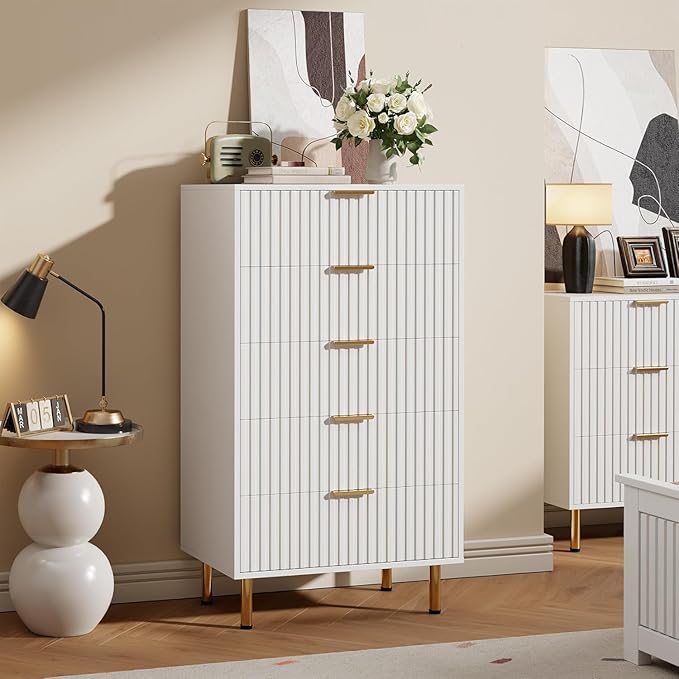 GarveeHome Fluted 5 Drawer Dresser for Bedroom, 48 in Tall Modern Chest of Drawers with Deep Drawers and Wide Top, Wooden Dresser Organizer for Living Room, Hallway, Kids Room, White