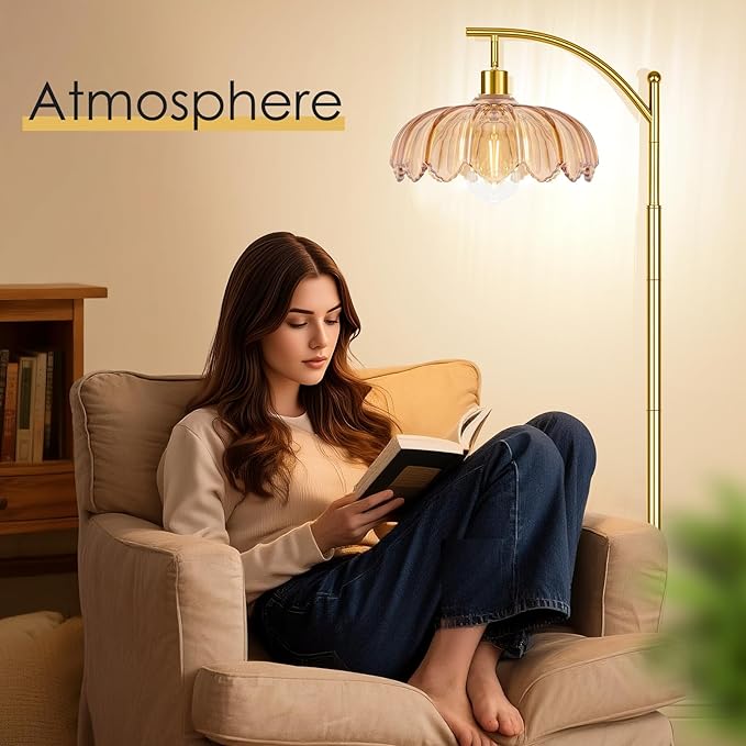 Gold Floor Lamp for Living Room with Remote,Unique Vintage Standing Tall Lamp,Mid Century Modern Floor Lamps Arc Glass Floor Lamps for Office Corner