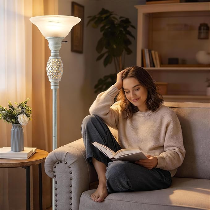 Luvkczc 70" Torchiere Floor Lamp with NightLight - Floor Lamps for Living Room, Bedroom, Office - Vintage Floor lamp with Rotary Switch & Etched Glass Shade, Home Decor, Bulb Included
