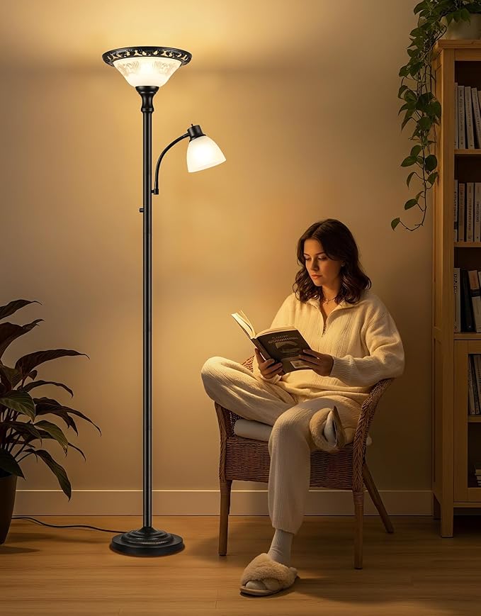 Torchiere Floor Lamps for Living Room, 71" Tall Standing Lamp with Thick Glass Shade, Metal Pole & Heavy Base, Vintage Corner Lamp with Reading Light Home Decor for Bedroom Office, 3CCT Bulb Included