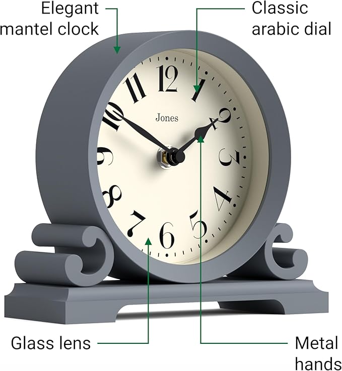 JONES CLOCKS® Saloon Mantel Clock | Traditional Double Scroll Design | French Navy | Contemporary Classic Style for Desk, Table, Shelf or Bedside