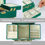 Dajasan Jewelry Organizer Box, Large Velvet Jewelry Boxes for Women Girls, Compact 3 Layers Jewelry Storage Case with Drawer, Movable Metal Stand, Modern, Gift Idea (Green)