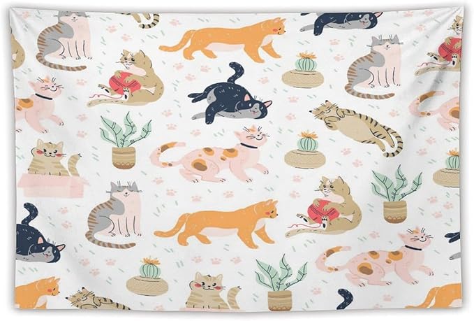 VUMIVI Cute Cat Tapestry Kids Hand-Painted Doodles Colorful Illustrations Potted Plants Paw Prints Tapestry Wall Hanging for Living Room Bedroom Dorm Classroom Aesthetic Decor W60xL40in