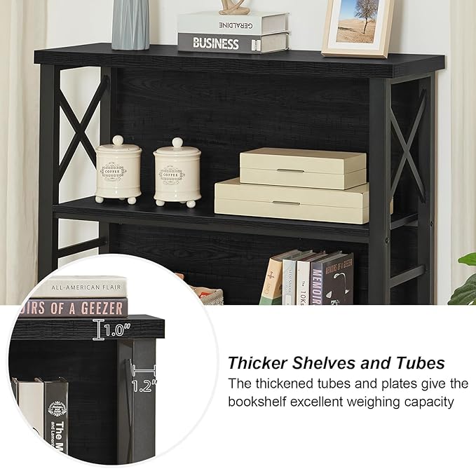 HOMBAZAAR 3-Tier Small Bookshelf, 35.4 Inch Short Book Shelf with Sturdy Metal Frame & Wood Shelves, Black Industrial Bookcase for Living Room, Bedroom, Office