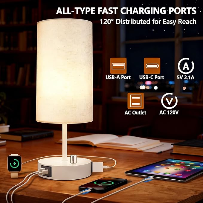 HiBay 2-Pack 17.75" Dimmable Bedside Table Lamps with 2 USB Charging Ports & AC Outlet, Modern White Nightstand Lights with Round Fabric Shade for Bedroom Living Room Office, Bulb Included