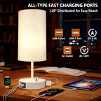 HiBay 17.75" Dimmable Bedside Table Lamp with Charging Station - 2 USB Ports & AC Outlet, Modern White Nightstand Light with Round Fabric Shade for Bedroom Living Room Office, Bulb Included