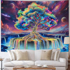 Obsecolors Blacklight Tree of Life Tapestry UV Reactive Waterfall Tapestry Galaxy Space Tapestries Aesthetic Tree Wall Art Colorful Starry Sky Tapestries Wall Hanging for Bedroom