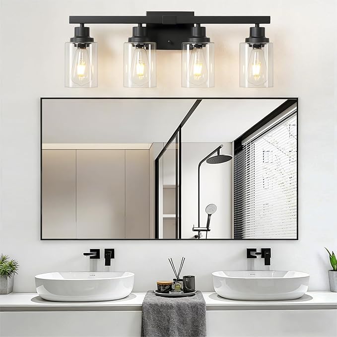 4-Light Bathroom Vanity Light, Modern Matte Black Wall Sconce Lighting with Clear Glass Shade, Bathroom Lighting Fixtures Over Mirror,Vintage Wall Mounted Lamps for Mirror Bedroom,Living Room