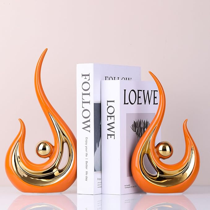 XMGZQ 2pcs Orange and Gold Modern Abstract Art Statue Table Decoration,Elegantes Ceramic Statue for Home Décor Accent,Mantel,Bookshelf,Centerpiece Table Decorations for Dining Room,adornos para sala