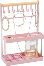 Lolalet 4-Tier Jewelry Organizer Stand with 12 Hooks, Necklace Bracelet Ring & Sunglasses Holder, Cute Metal Jewelry Storage Rack for Vanity, Dresser or Entryway, No Assembly -Pink