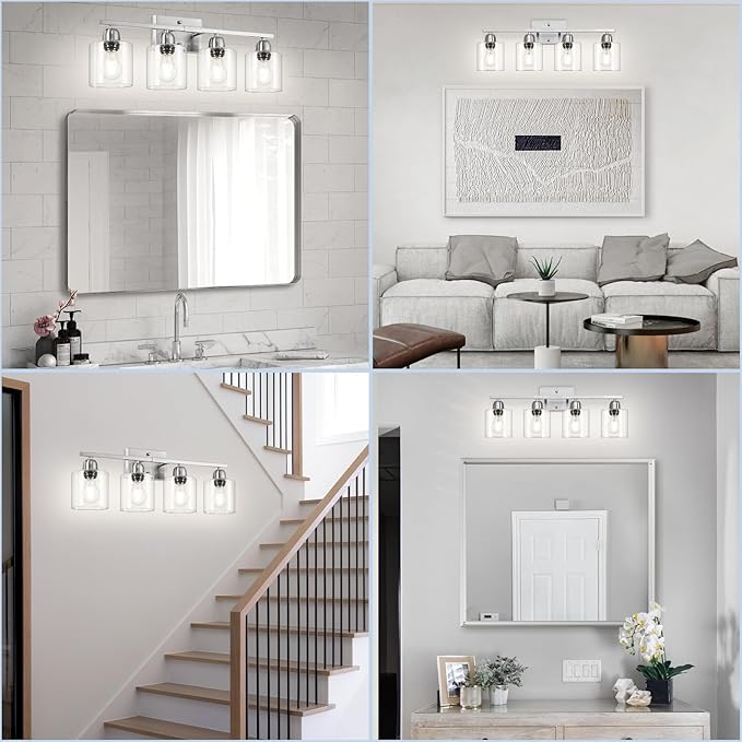 Modern Brushed Nickel 4 Light Bathroom Light Fixtures, 24 inch Vanity Lights for Bathroom with Clear Glass, Vanity Lights for Mirror Kitchen Living Room Hallway Cabinet Porch