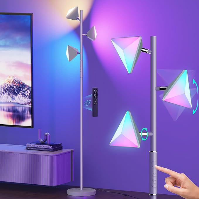 36W RGBCW Floor Lamp, Color Changing LED Tree Floor Lamp, Stepless Dimmable Tall Standing Lamp with Remote & Touch Control, 2700K-6500K Modern Floor Lamps for Living Room, Bedroom, Gaming Room -Silver