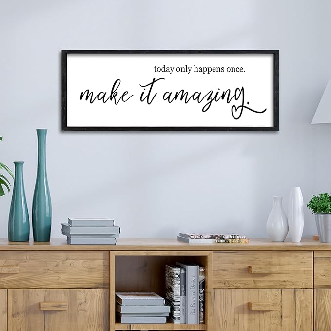 Surfapans Inspirational Wall Decor 32"X12" Today Only Happens Once Make It Amazing Sign Motivational Quote Office Positive Large Rustic Farmhouse Living Room Horizontal Wall Hanging Art (Black)