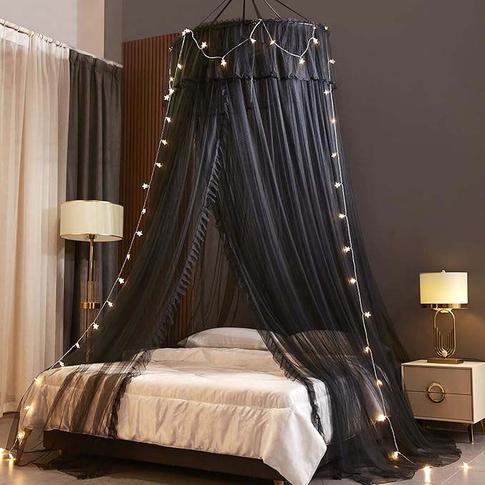 VETHIN Princess Bed Canopy for Girls,Bed Canopy Curtain- Double Layer Sheer Mesh Dome Bed Curtain- Round Lace Princess Mosquito Net Tent (Double Black-2)
