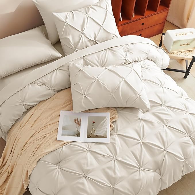 CozyLux King Size Comforter Set Oatmeal, 7 Pieces Pintuck Bed in A Bag Oatmeal Comforter King Size, Pinch Pleat Bedding Set with All Season Comforter, Sheets, Pillowcases & Shams
