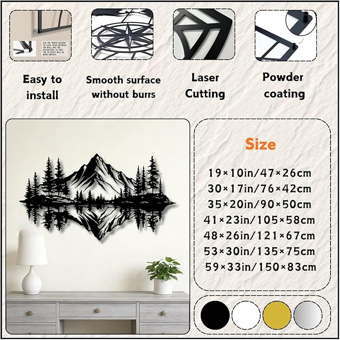 Metal Mountain Wall Art, Pine Trees And Hills Metal Decor, Mountain And Forest Metal Wall Decor, Horizontal Metal Wall Sculpture, Large Nature Wall Art(Gold,35x20in/90x50cm)
