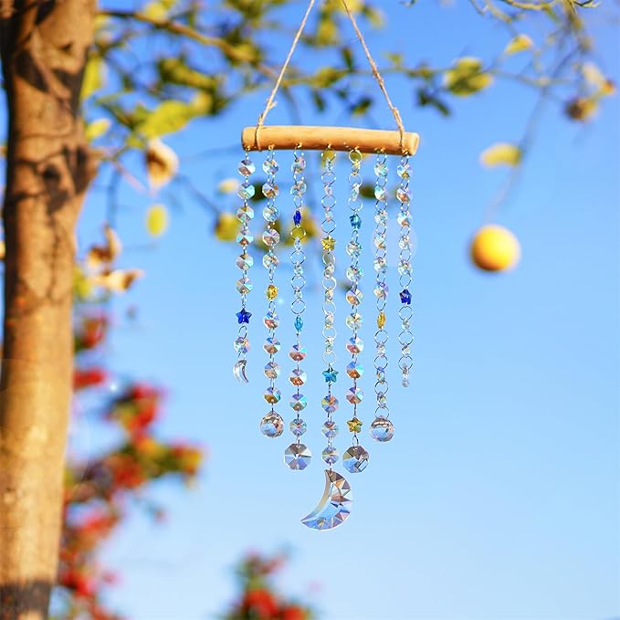 13.3inch Crystal Moon Star Prism Suncatcher Rainbow Maker Pendant Window Garden Hanging Decoration Ornament for Christmas Tree Crystal Wind Chimes