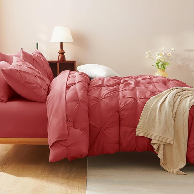 CozyLux King Size Comforter Set Coral, 7 Pieces Pintuck Bed in A Bag Coral Comforter King Size, Pinch Pleat Bedding Set with All Season Comforter, Flat Sheet, Fitted Sheet, Pillowcases & Shams
