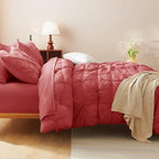 CozyLux Queen Comforter Set Coral, 7 Pieces Pintuck Bed in A Bag, Premium Coral Comforter Queen Size, Pinch Pleat Bedding Sets with Comforter, Flat Sheet, Fitted Sheet, Pillowcases & Shams