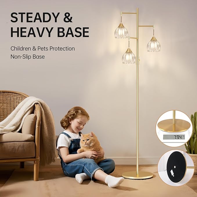 Dimmable Floor Lamp for Living Room, Bedroom, Gold Standing Lamp with 3pcs 6W Bulbs, Vintage Brass Floor Lamps for Corner, Nursery (Clear Tulip)